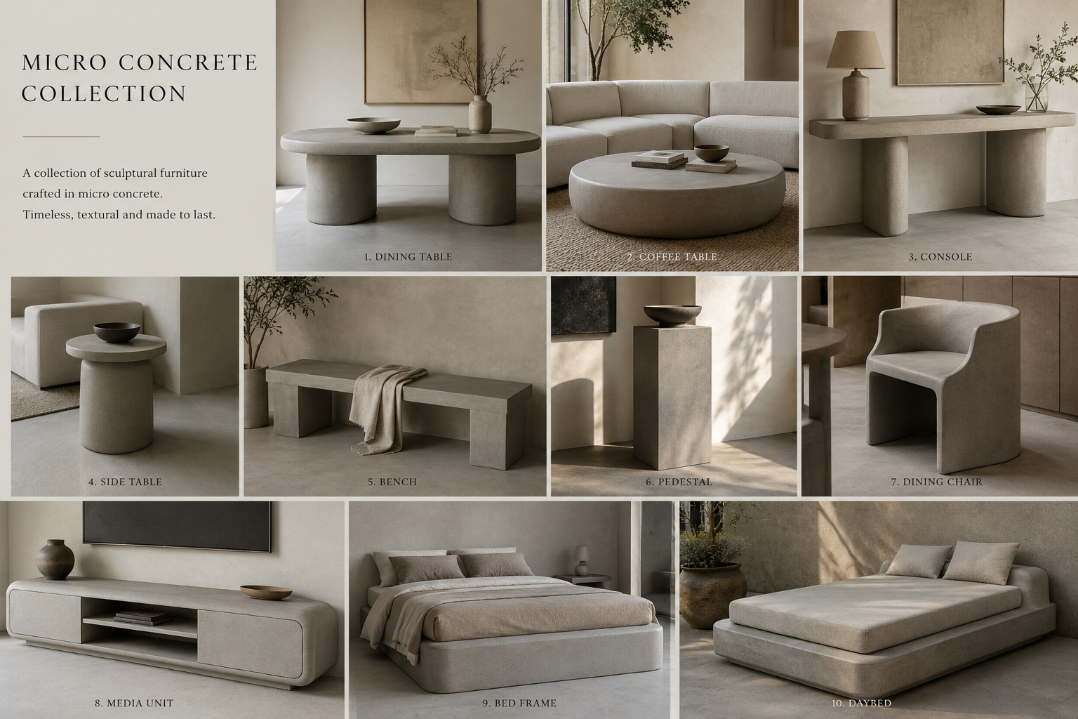 Driftwood made-to-order micro-concrete furniture collection