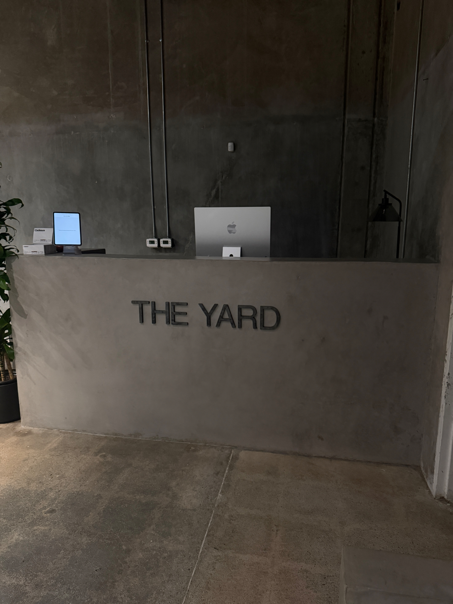 Polished micro-concrete reception desk at The Yard Gym with steel signage, designed by Tiarne and Dan Bova, fabricated by Driftwood